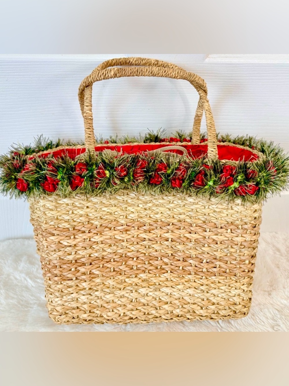 Vintage Woven Straw Rockabilly Pinup Picnic Basket Purse Tote 12x10